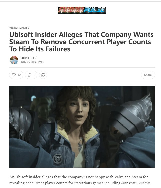 外媒「Fandom Pulse」报道，一位育碧内部人士透露，公司希望V社停止公开Steam的在线玩家查询，禁止如 SteamDB 此类第三方网站显示玩家的在线数量