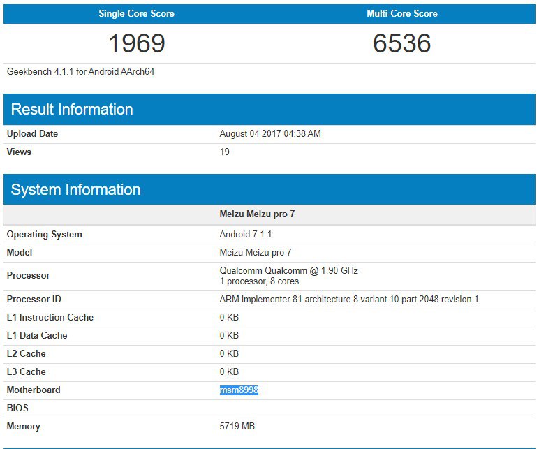 Meizu Pro 7 shows up on Geekbench with a Snapdragon 835