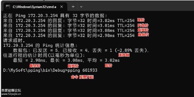 摸鱼工具 pping：假装使用 ping 命令查询股票行情