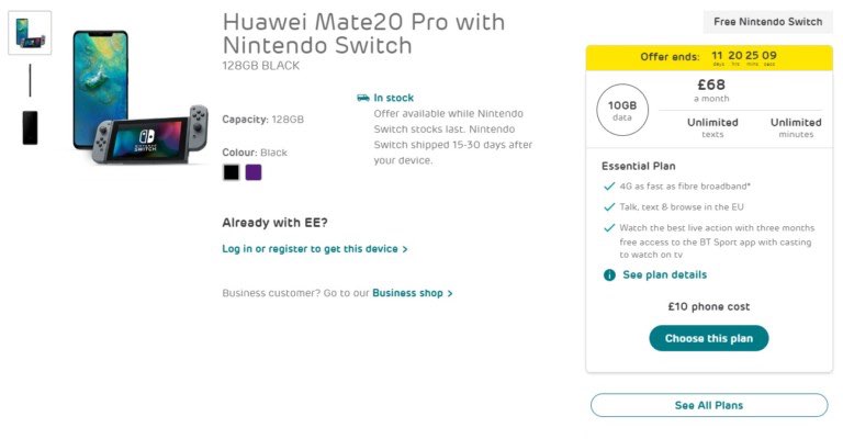 英国电信运营商EE搞事，买华为Mate 20 pro/P20 pro送Nintendo Switch